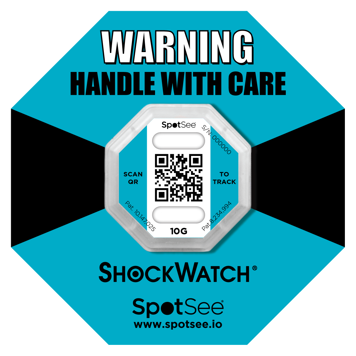 ShockWatch 2 QR with yellow warning label — before activation