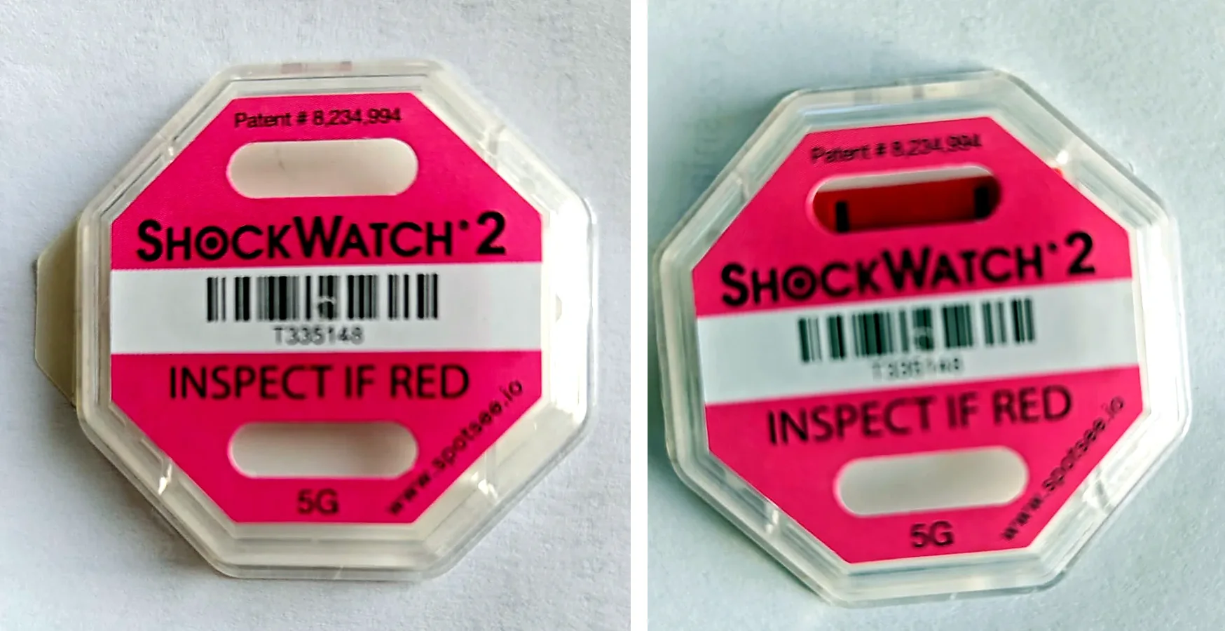 Ružový indikátor nárazu ShockWatch 2 5G: vľavo číre okienko pred aktiváciou, vpravo červené okienko po náraze