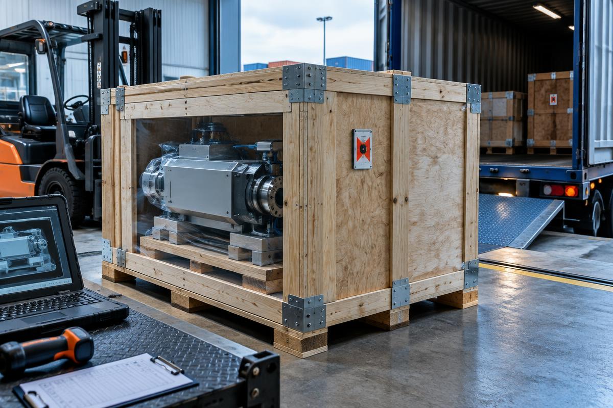 Shock indicator on a crate containing precision machinery during transport