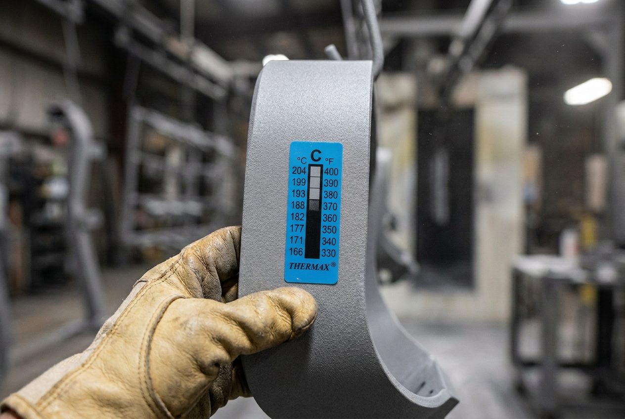 Kontrola paska Thermax po wygrzaniu detalu w lakierni proszkowej — zaczernione pola pokazują osiągniętą temperaturę