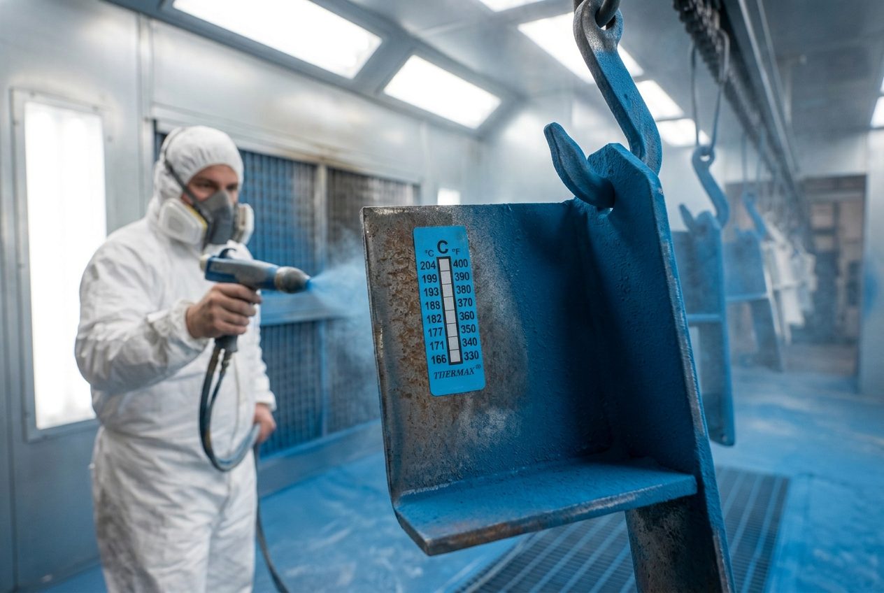 Nakładanie farby proszkowej pistoletem elektrostatycznym w kabinie natryskowej — detal z naklejonym paskiem Thermax