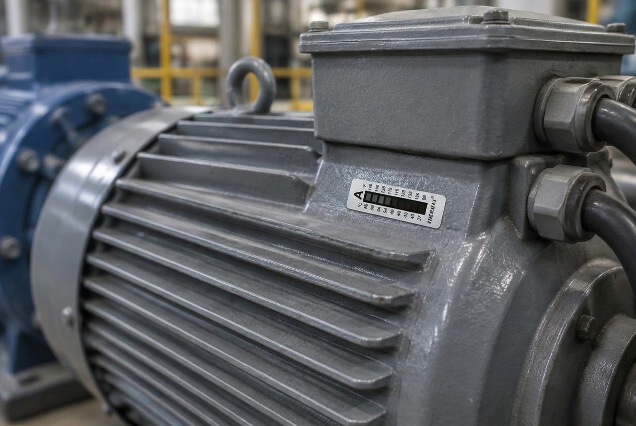 Pasek temperatury Thermax naklejony na żebrowany korpus silnika elektrycznego obok skrzynki zaciskowej