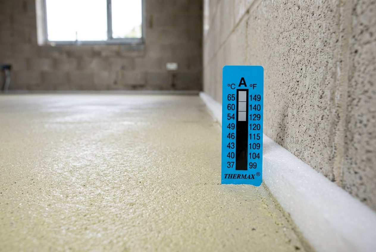 Wskaźnik temperatury Thermax 8-punktowy 37–65 °C na strefie brzegowej jastrychu grzewczego podczas wygrzewania wylewki