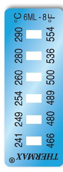 Oryginalny wskaźnik temperatury Thermax 6-punktowy MINI w ustawieniu pionowym, zakres od 241 do 290 °C